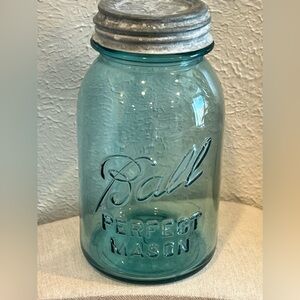 Vintage Blue Ball 1 Quart Canning Jar w/ zinc lid and milk glass lid insert